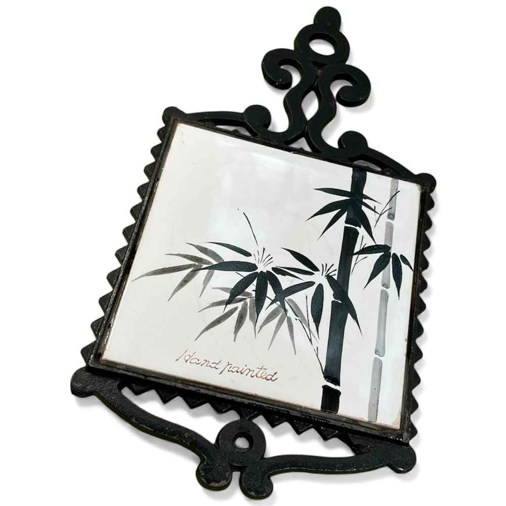 Vintage Wrought Iron Tile Trivet, Hand Painted Bamboo, White Tile, Made in Japan